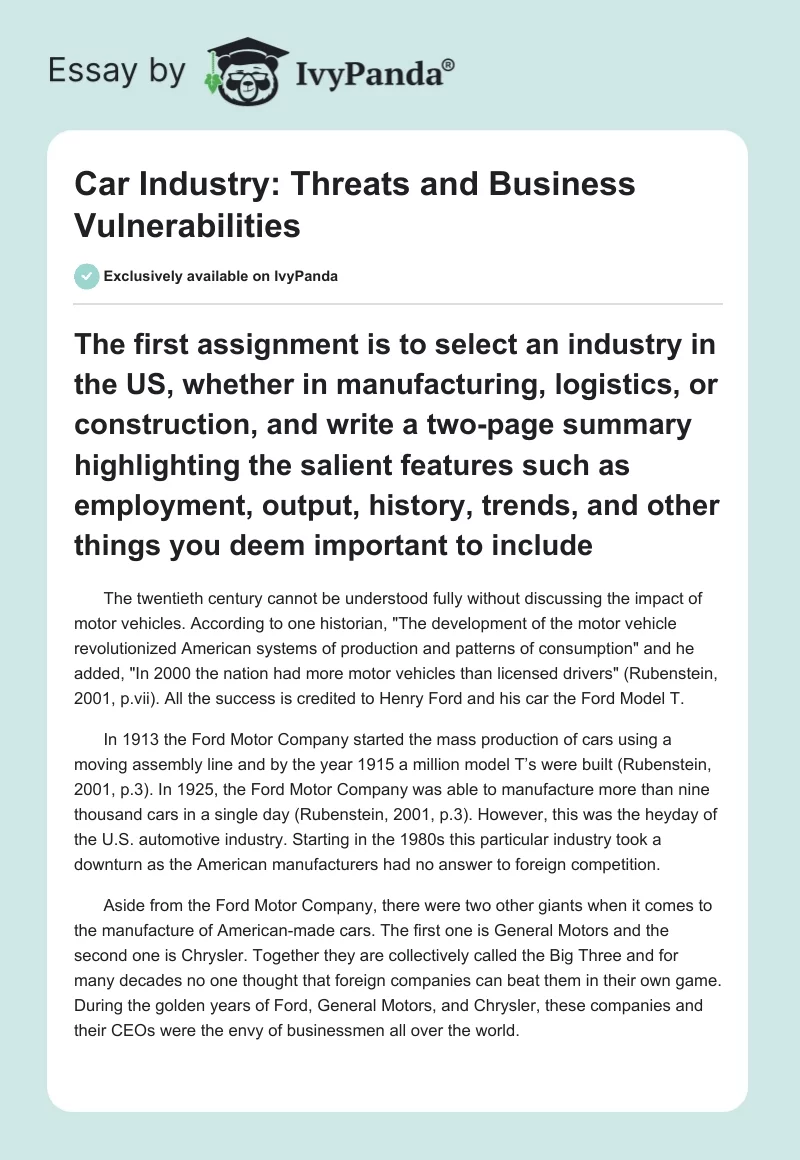 Car Industry: Threats and Business Vulnerabilities. Page 1