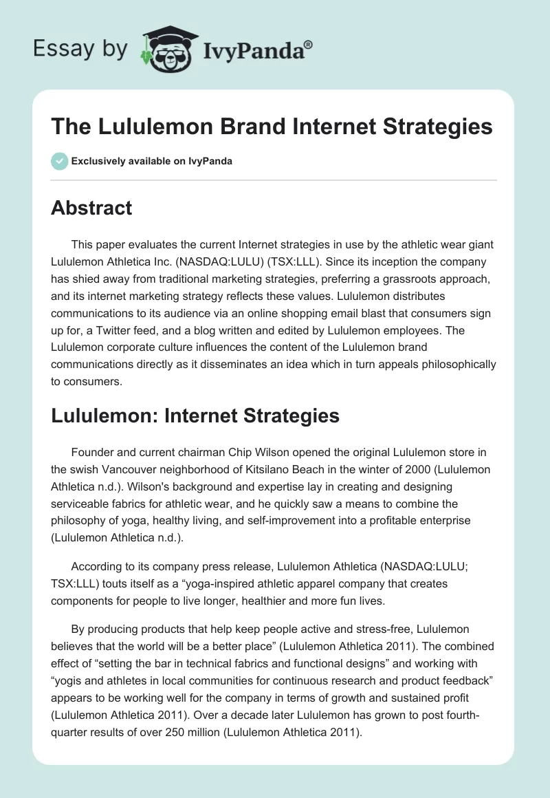 The Lululemon Brand Internet Strategies. Page 1