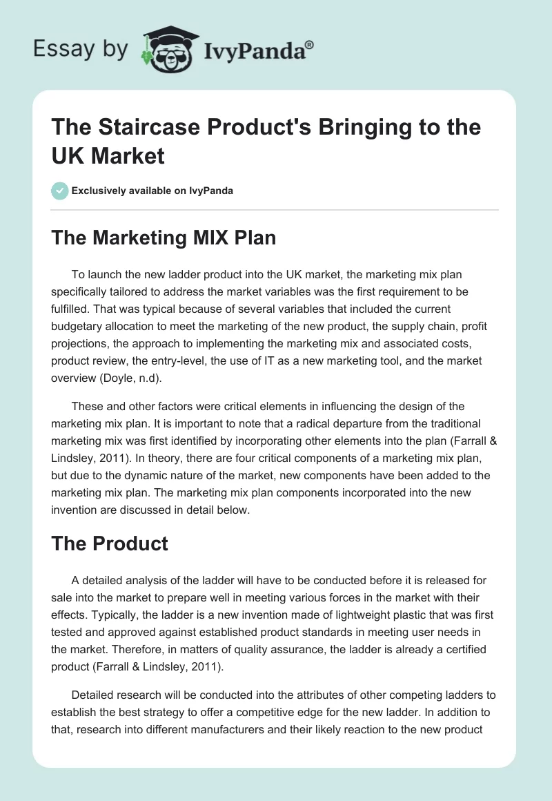 The Staircase Product's Bringing to the UK Market. Page 1