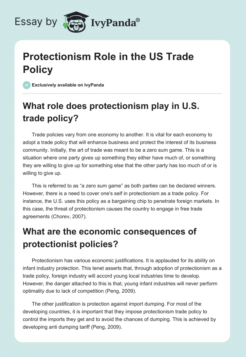 Protectionism Role in the US Trade Policy. Page 1