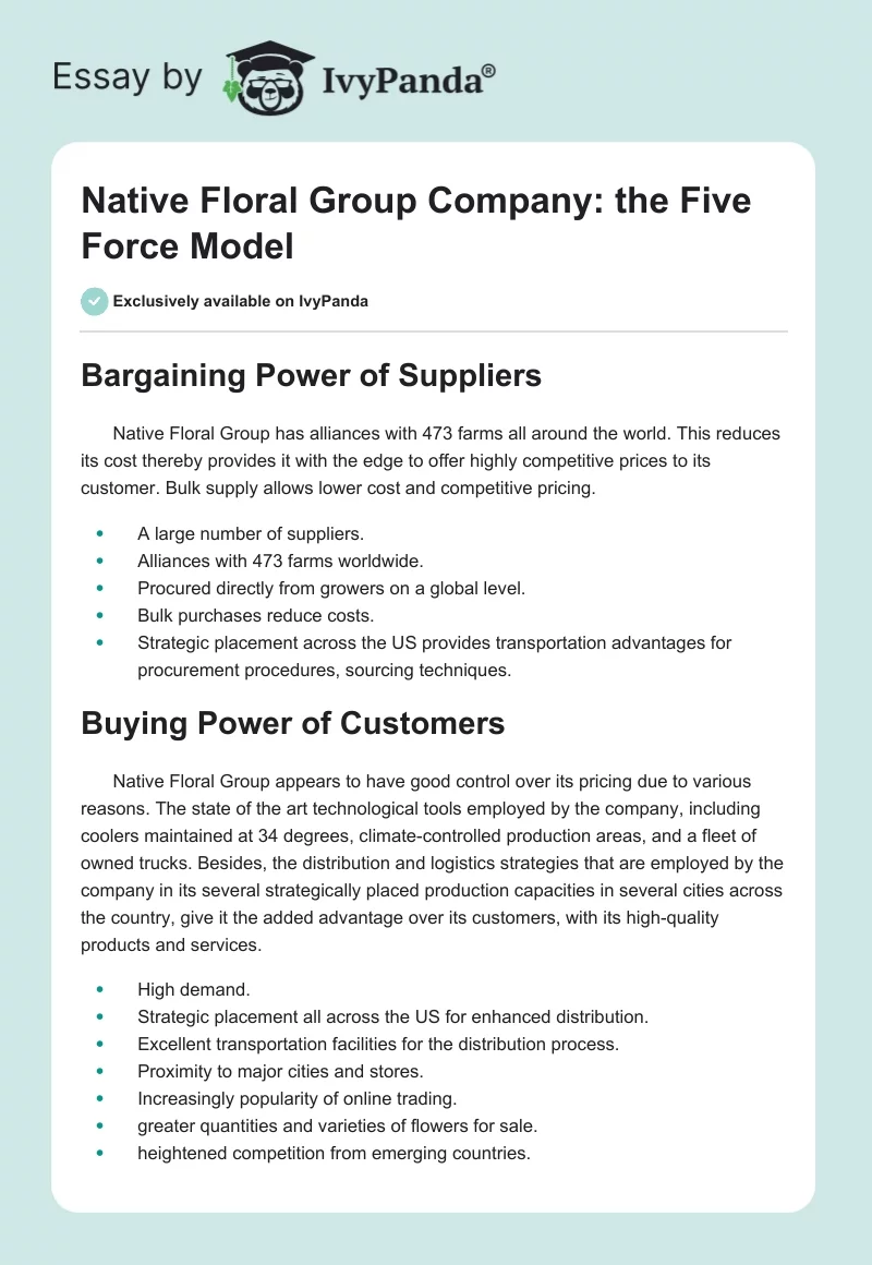 Native Floral Group Company: the Five Force Model. Page 1