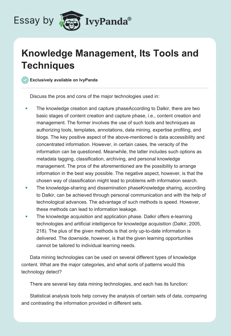 Knowledge Management, Its Tools and Techniques. Page 1