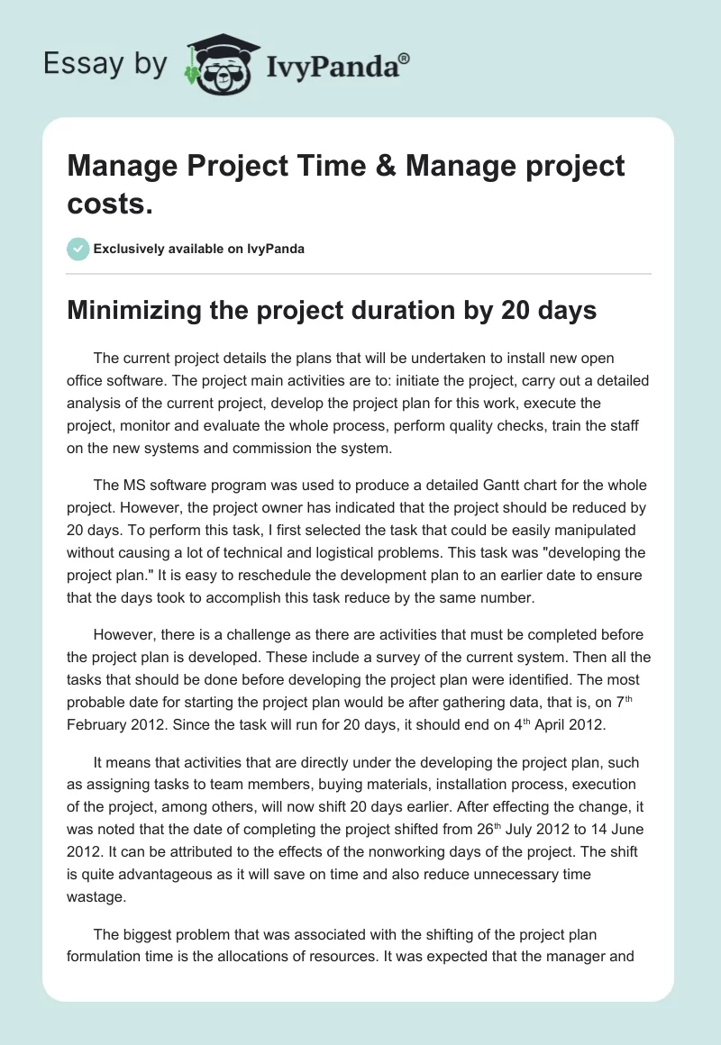 Manage Project Time & Manage project costs.. Page 1