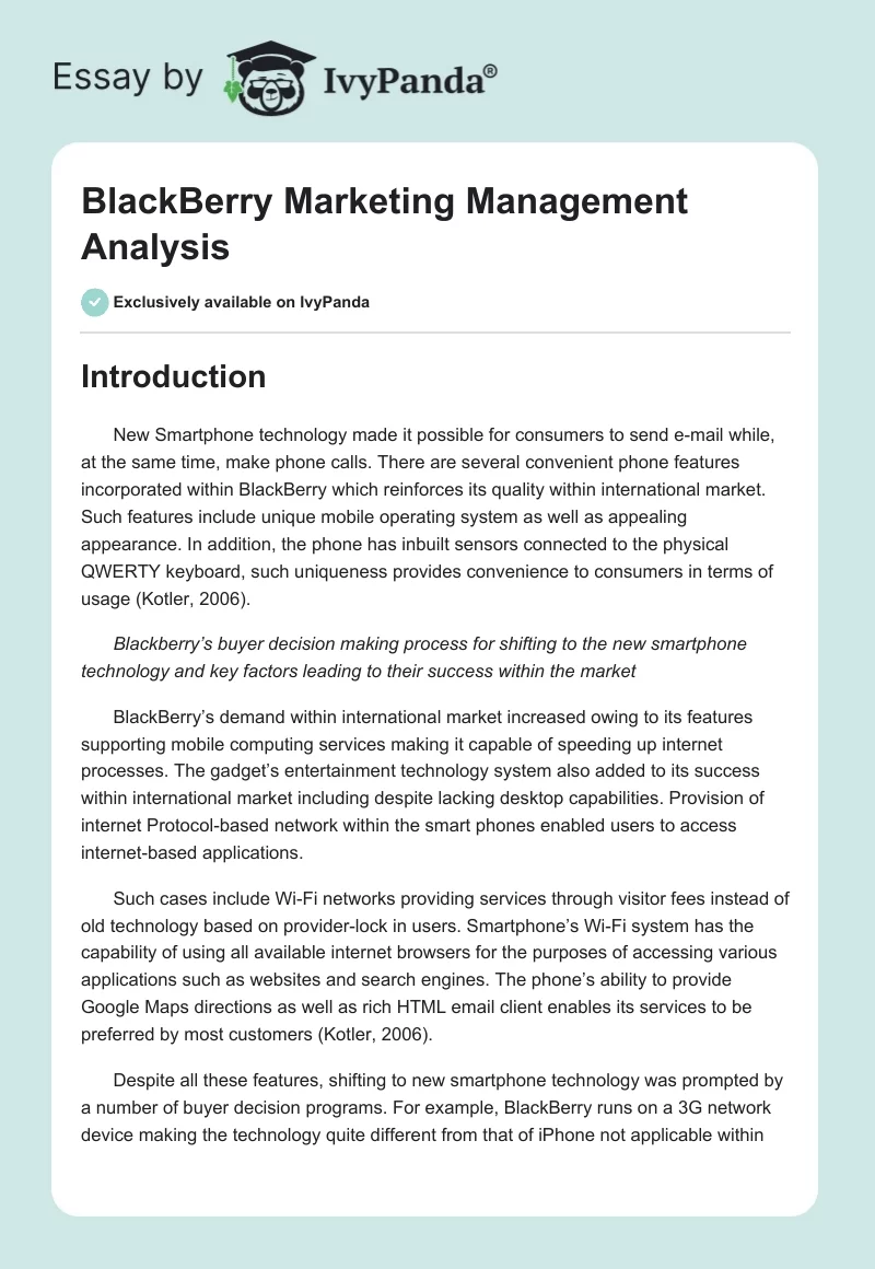 BlackBerry Marketing Management Analysis. Page 1