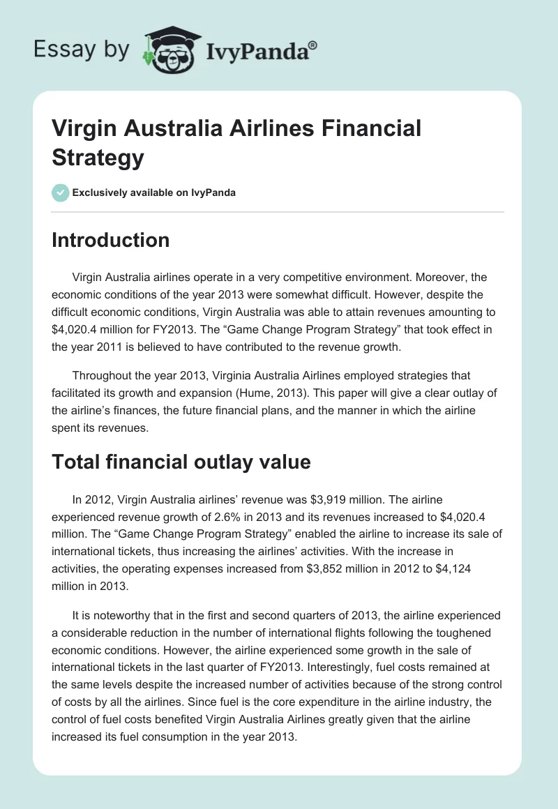 Virgin Australia Airlines Financial Strategy. Page 1
