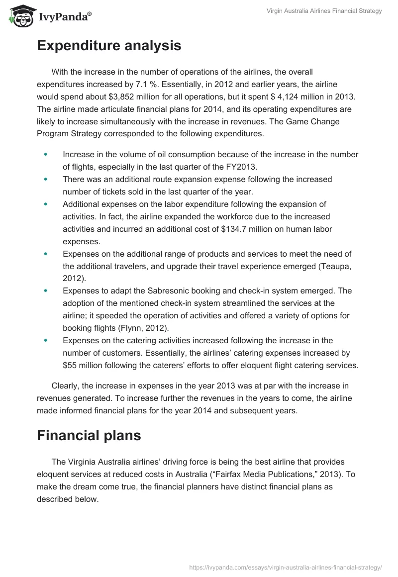 Virgin Australia Airlines Financial Strategy. Page 2
