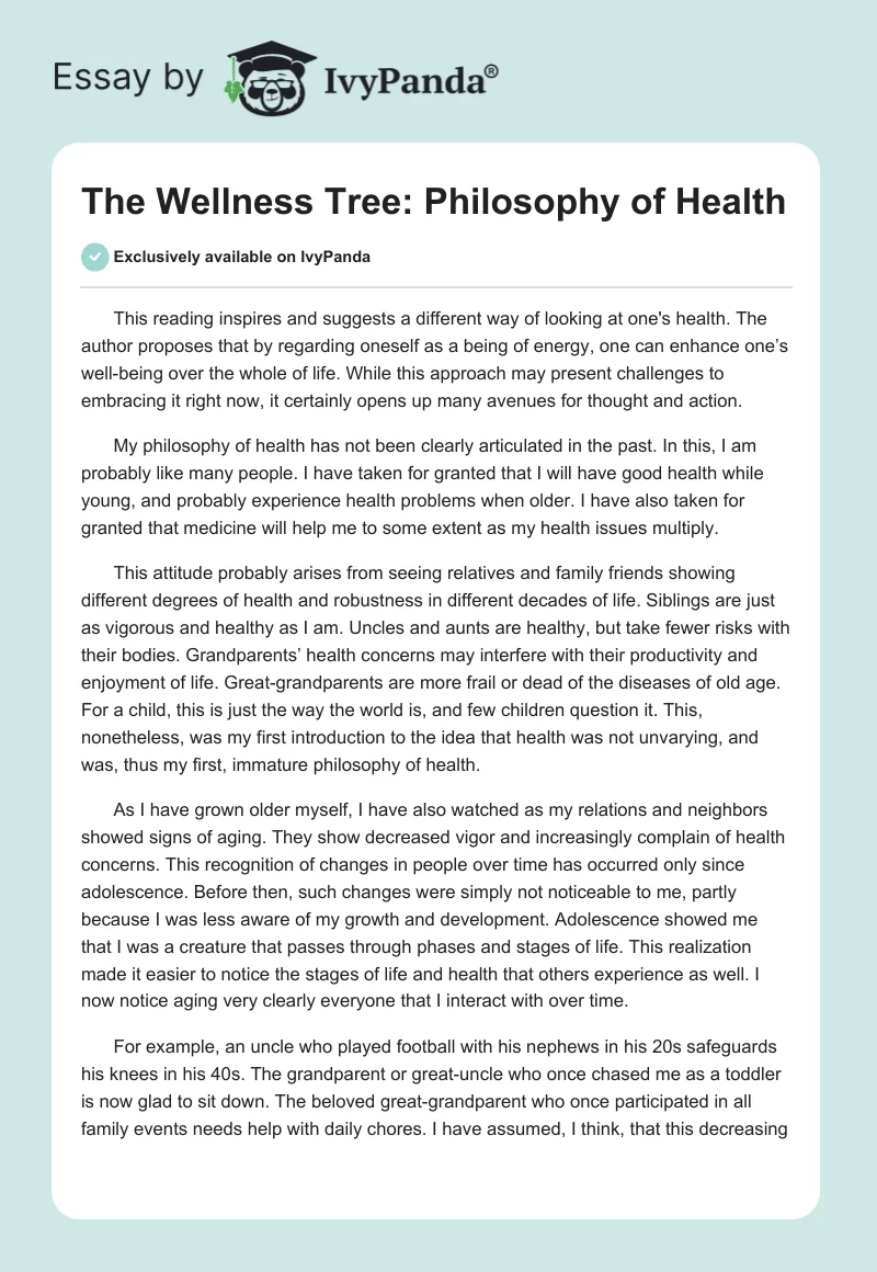 "The Wellness Tree": Philosophy of Health. Page 1