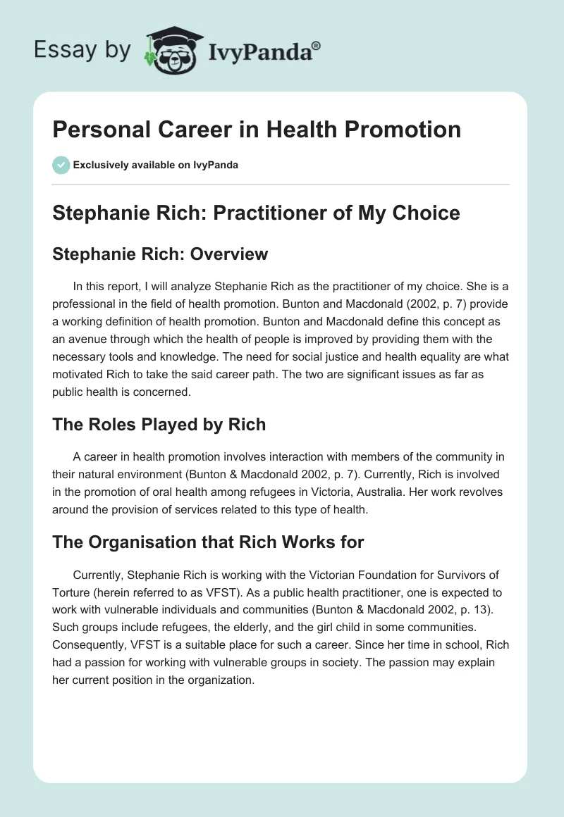 Personal Career in Health Promotion. Page 1