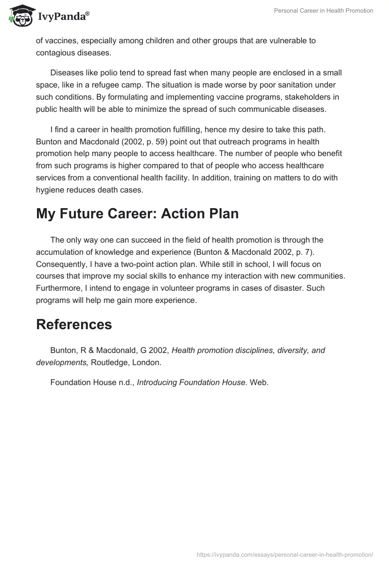 Personal Career in Health Promotion. Page 3