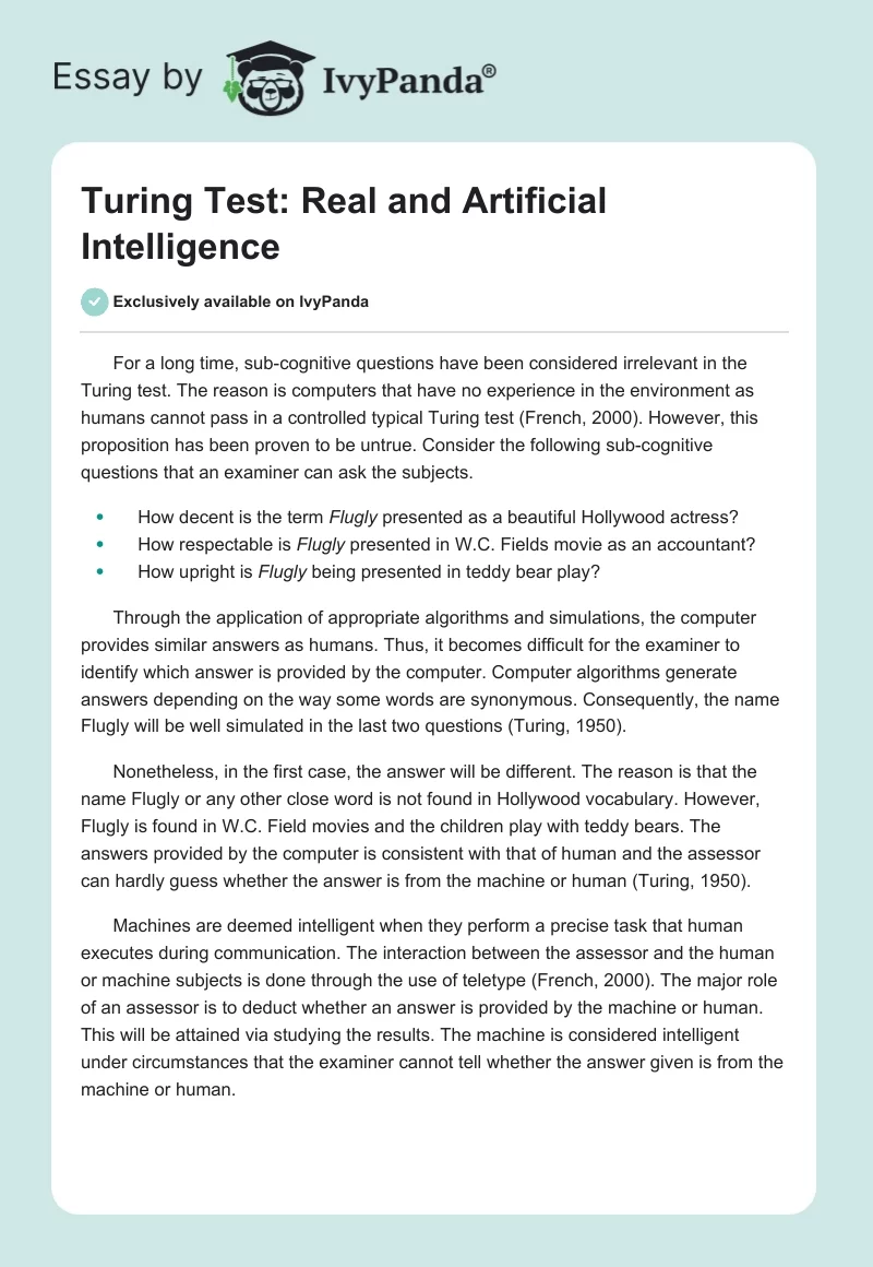 Turing Test: Real and Artificial Intelligence. Page 1