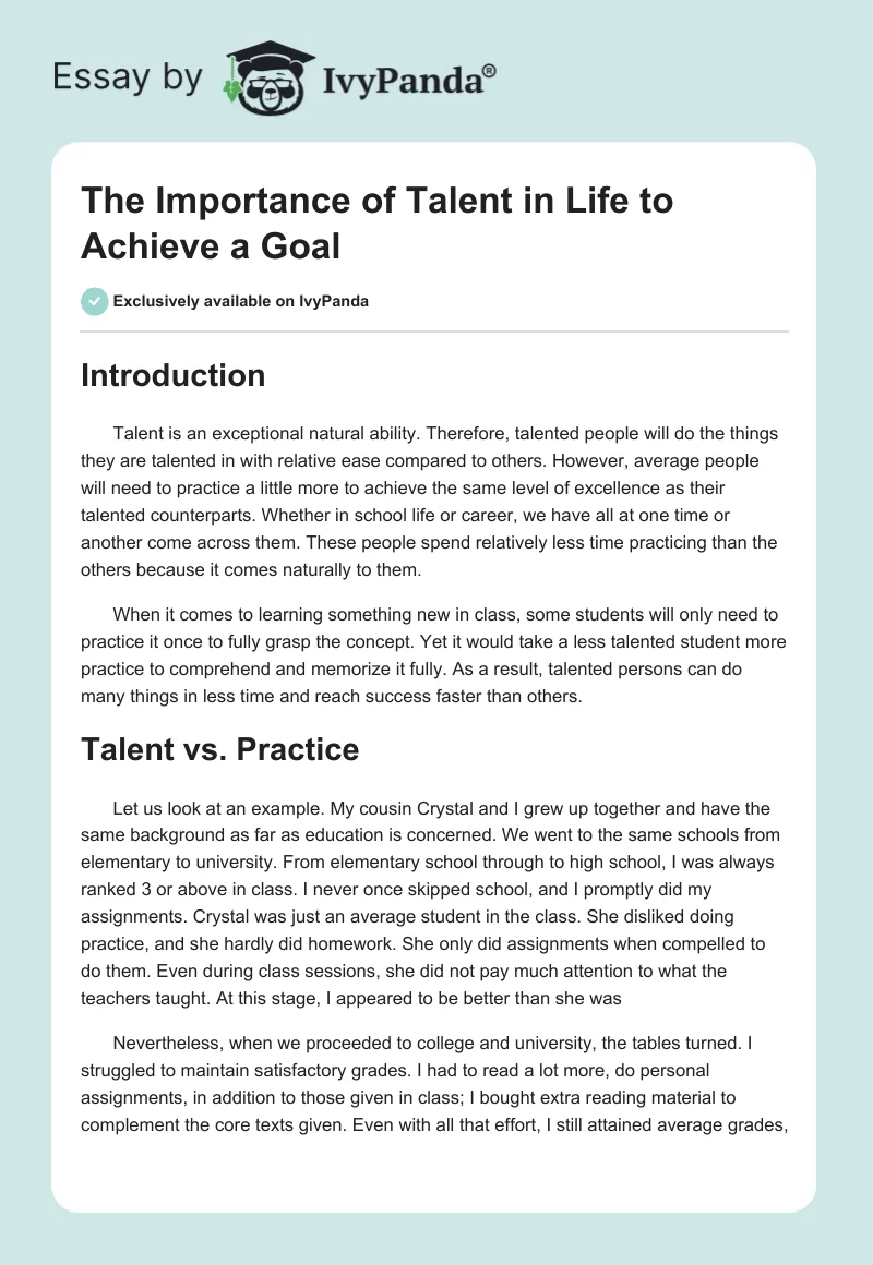 The Importance of Talent in Life to Achieve a Goal. Page 1