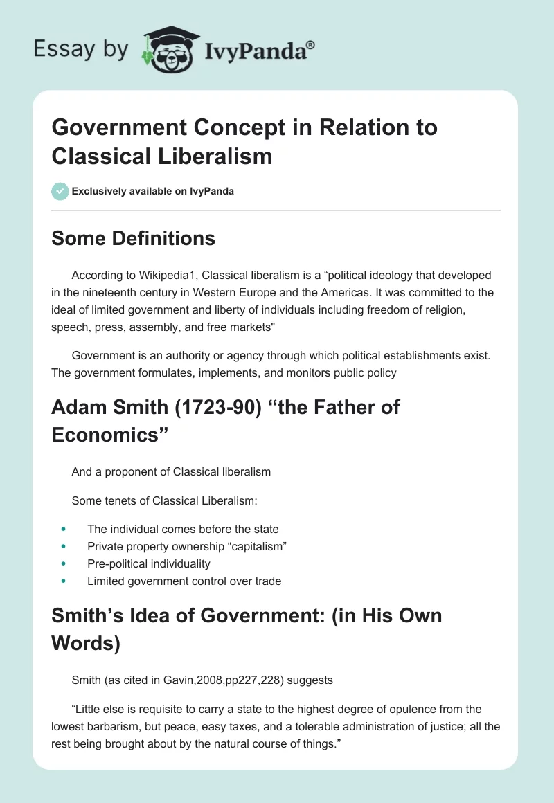 Government Concept in Relation to Classical Liberalism. Page 1