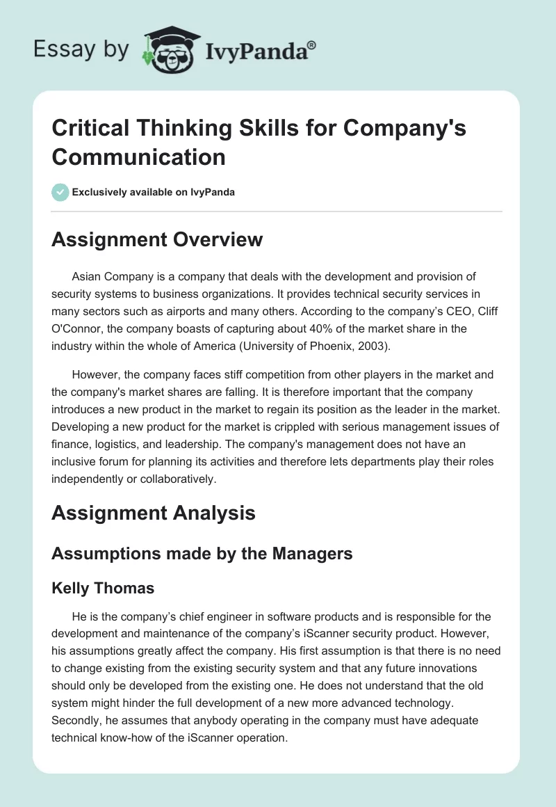 Critical Thinking Skills for Company's Communication. Page 1