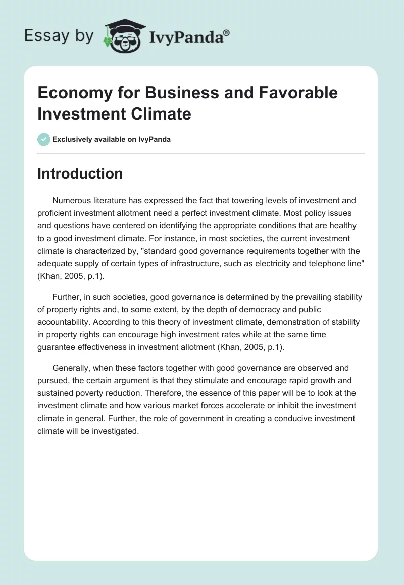 Economy for Business and Favorable Investment Climate. Page 1