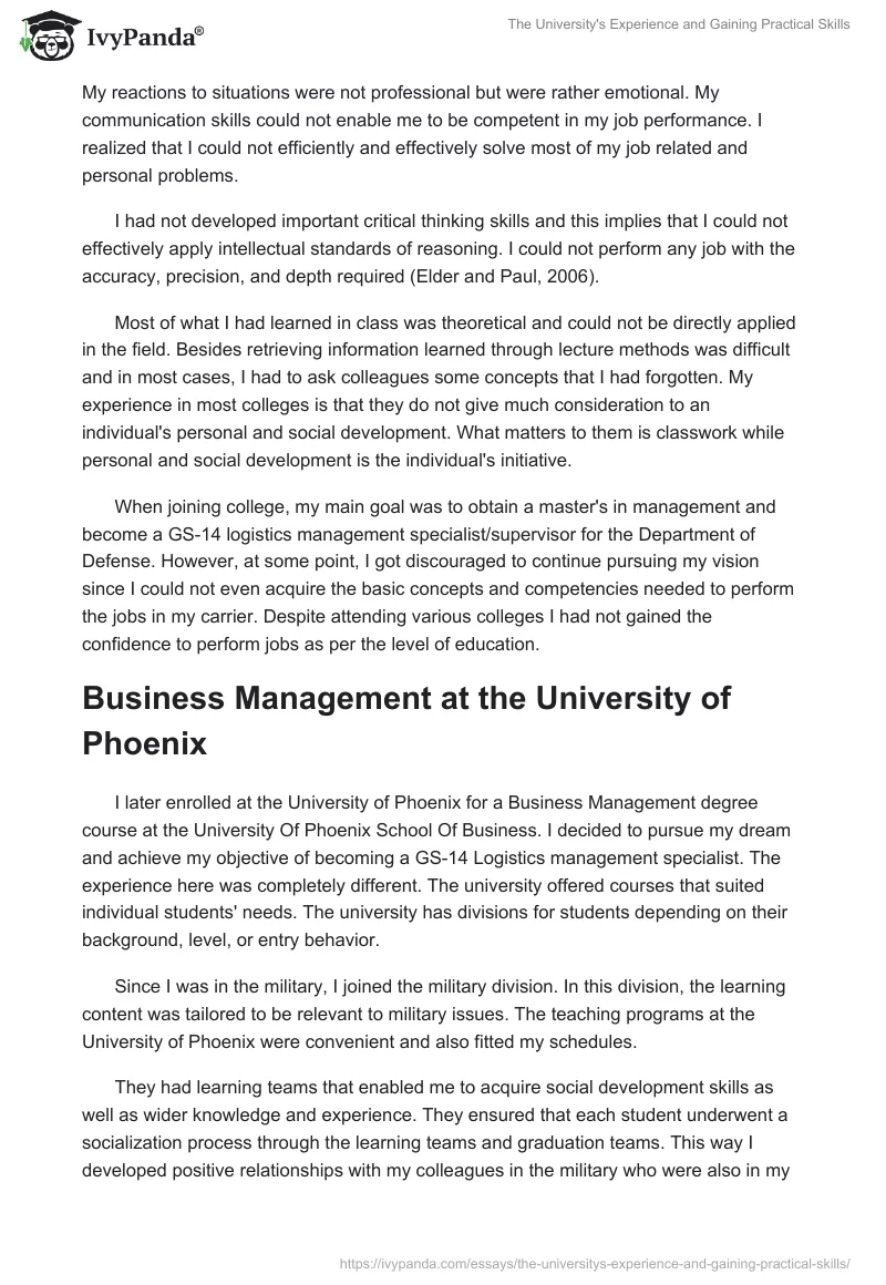 The University's Experience and Gaining Practical Skills. Page 2