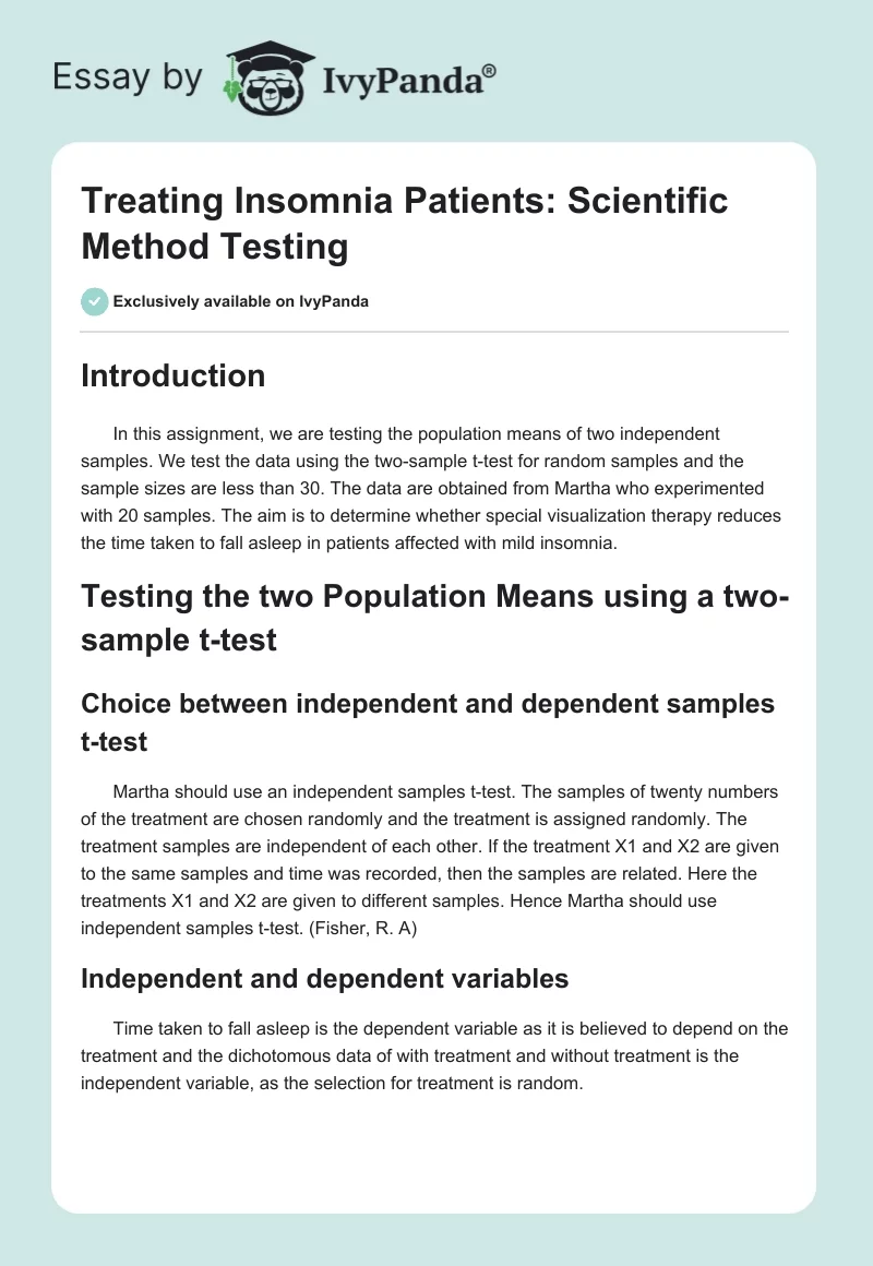 Treating Insomnia Patients: Scientific Method Testing. Page 1
