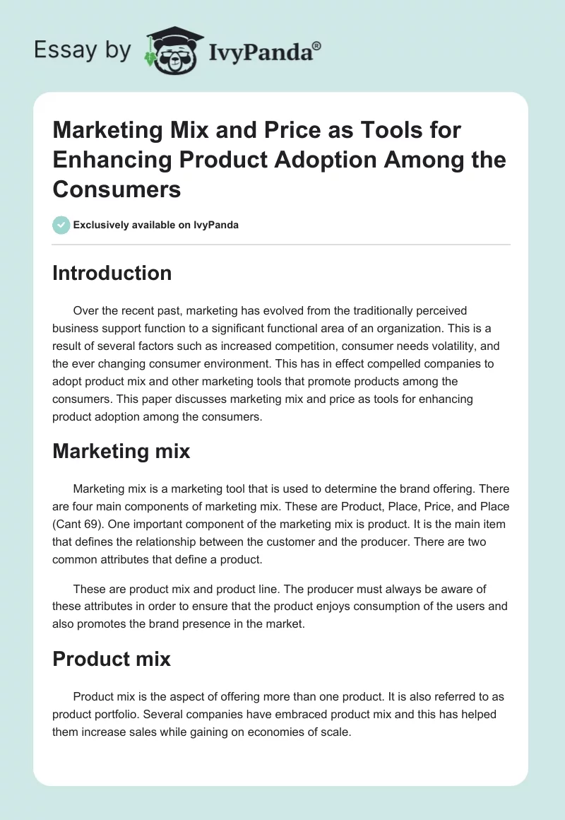 Marketing Mix and Price as Tools for Enhancing Product Adoption Among the Consumers. Page 1