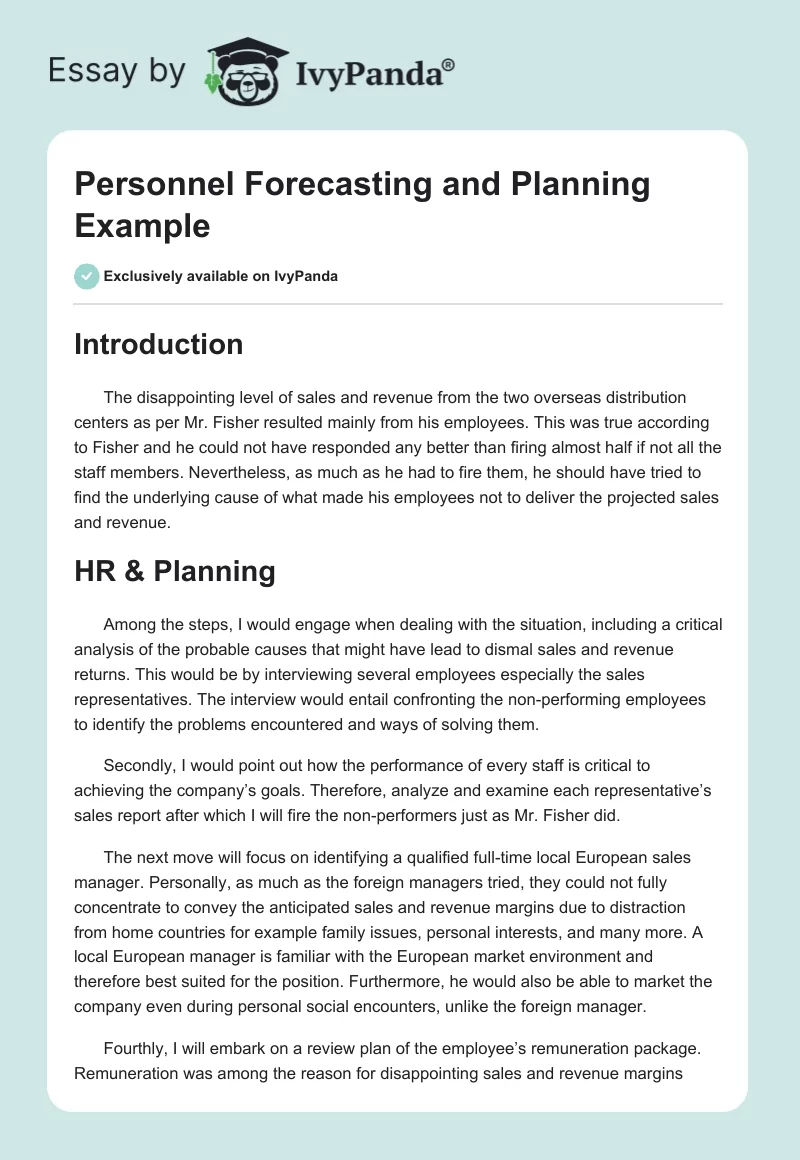 Personnel Forecasting and Planning Example. Page 1