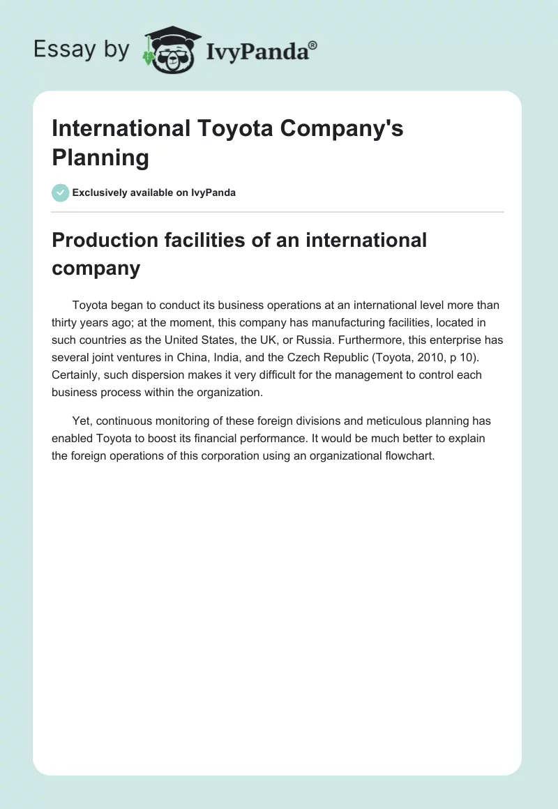 International Toyota Company's Planning. Page 1