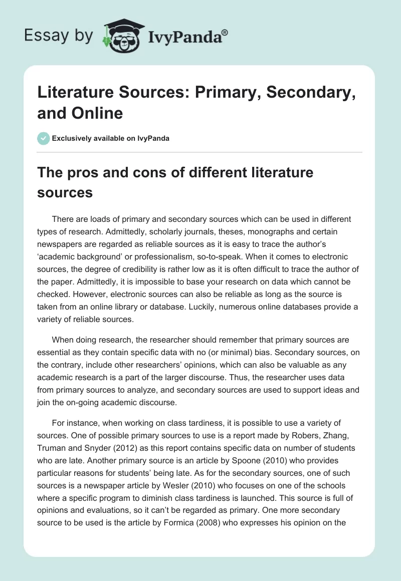 Literature Sources: Primary, Secondary, and Online. Page 1