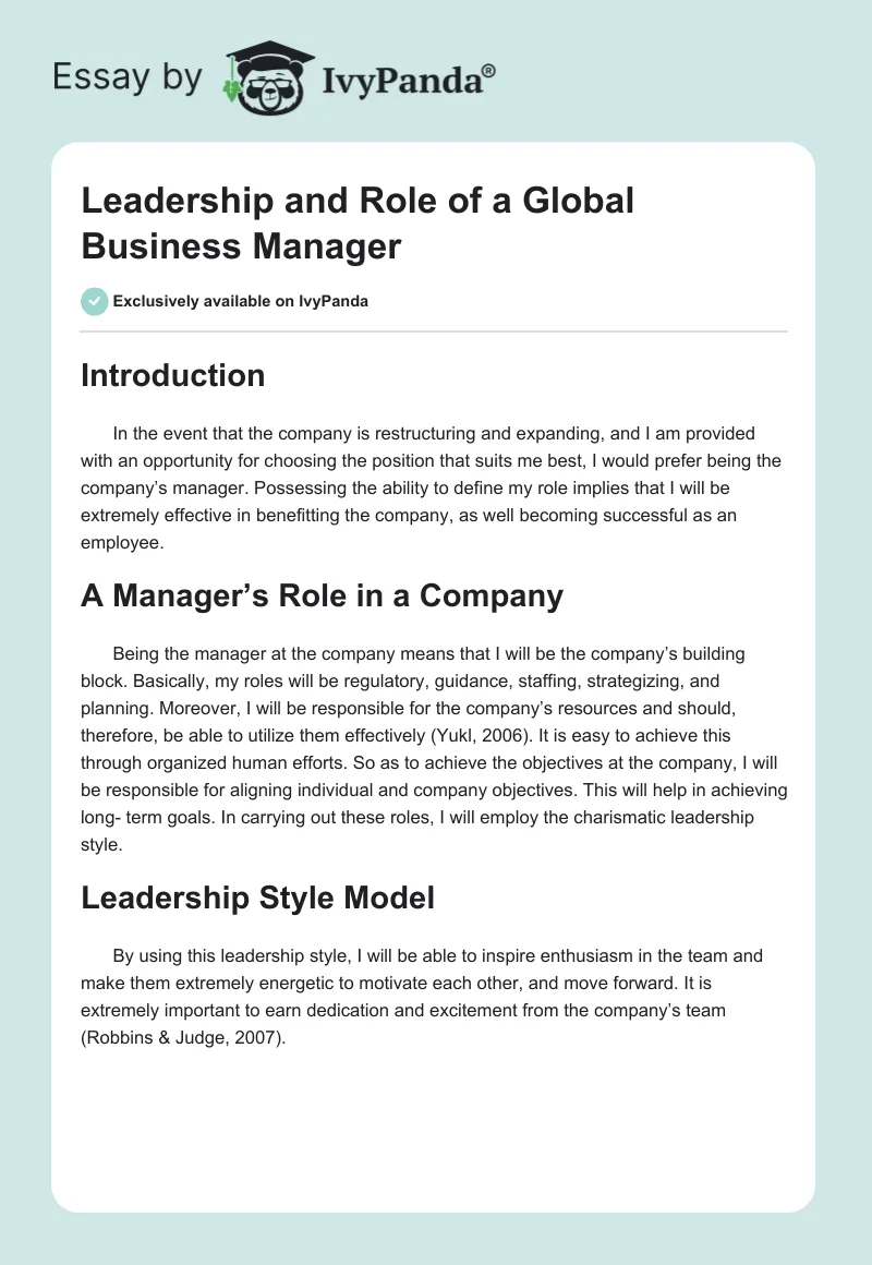 Leadership and Role of a Global Business Manager. Page 1
