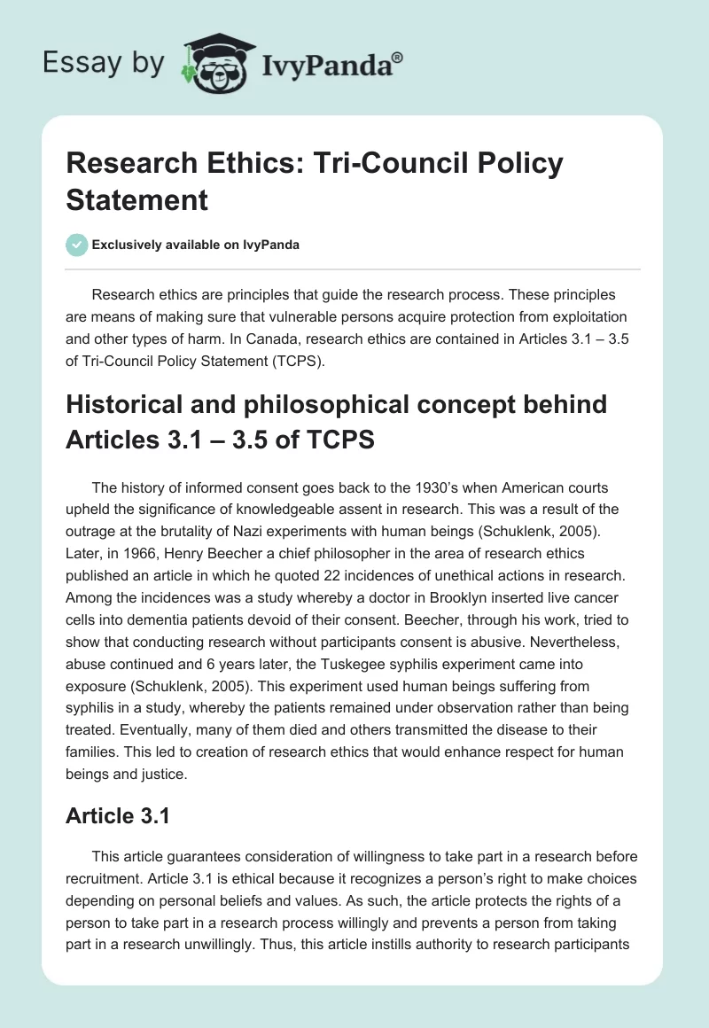 Research Ethics: Tri-Council Policy Statement. Page 1