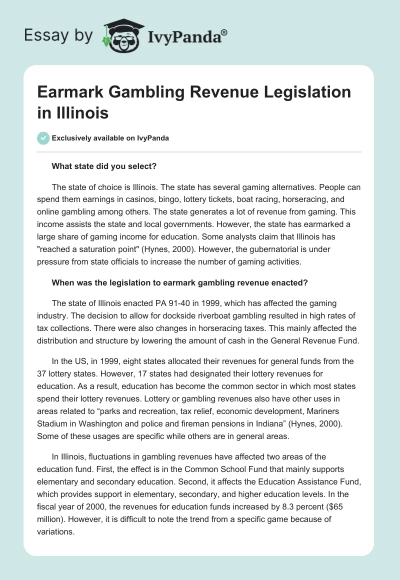 Earmark Gambling Revenue Legislation in Illinois. Page 1