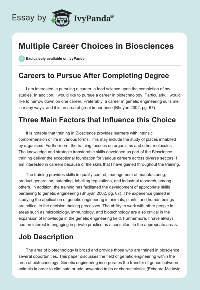 Multiple Career Choices in Biosciences. Page 1