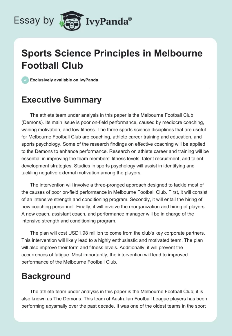 Sports Science Principles in Melbourne Football Club. Page 1