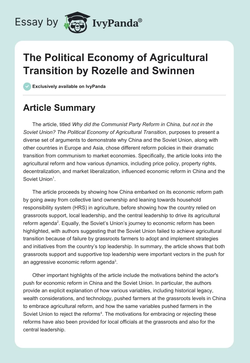 "The Political Economy of Agricultural Transition" by Rozelle and Swinnen. Page 1