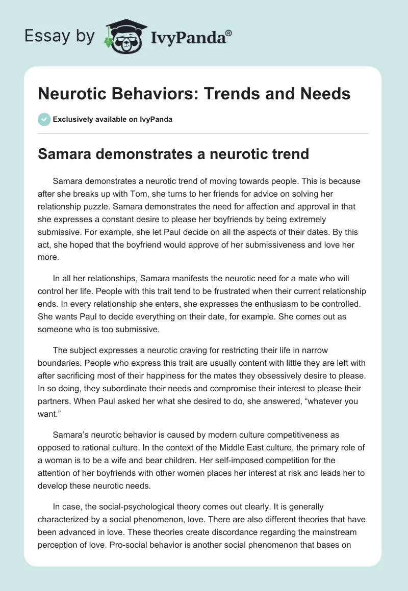 Neurotic Behaviors: Trends and Needs. Page 1