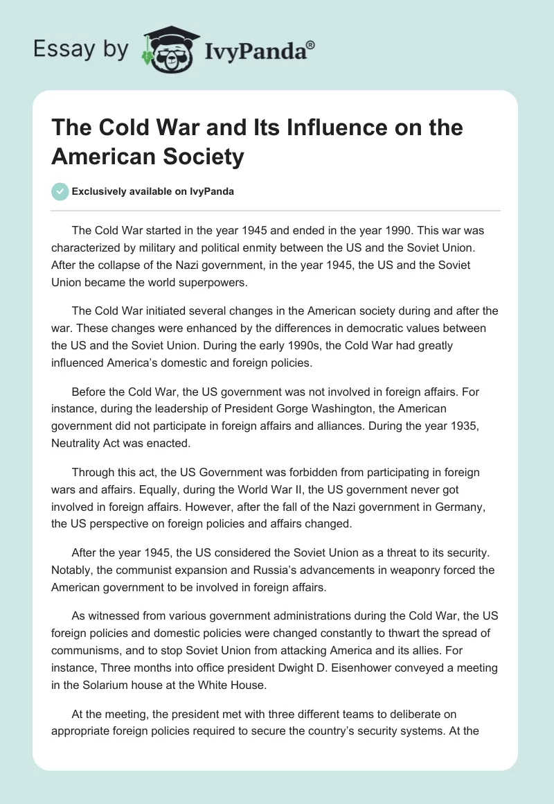 The Cold War and Its Influence on the American Society. Page 1