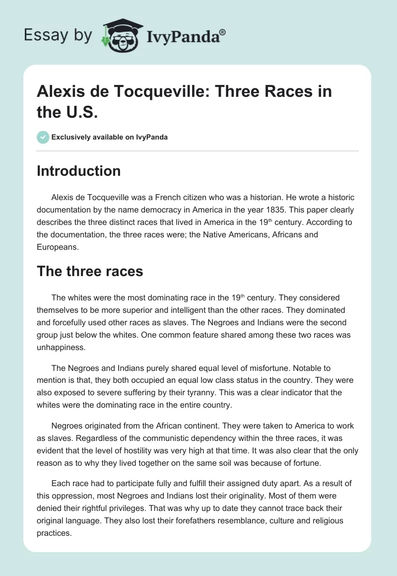 Alexis de Tocqueville: Three Races in the U.S.. Page 1