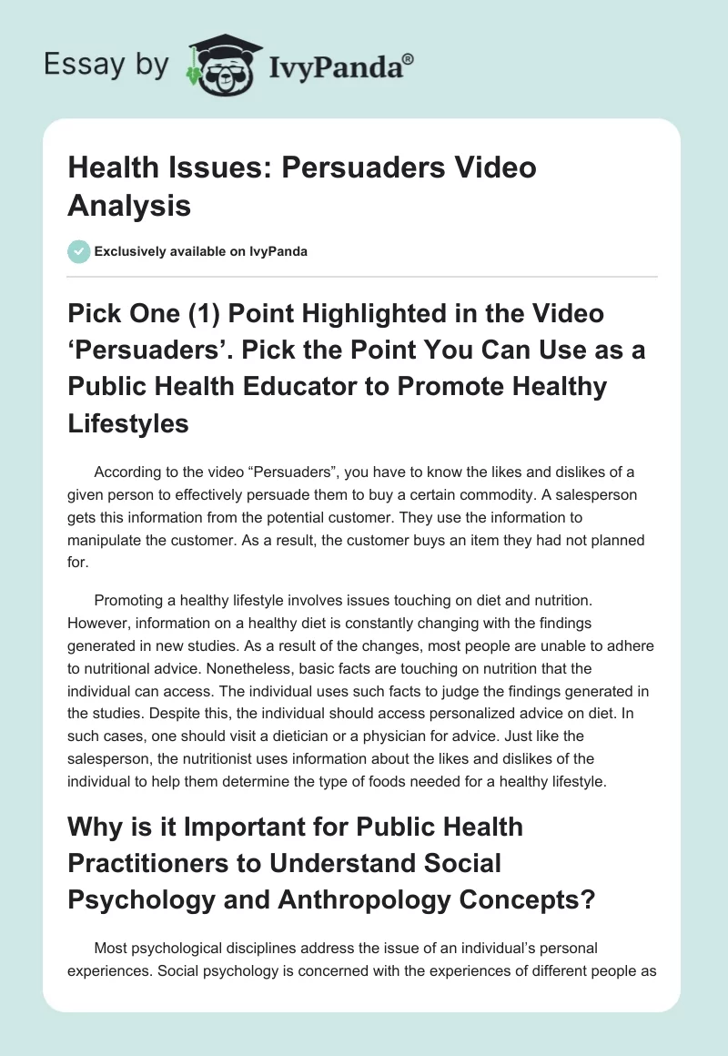 Health Issues: "Persuaders" Video Analysis. Page 1