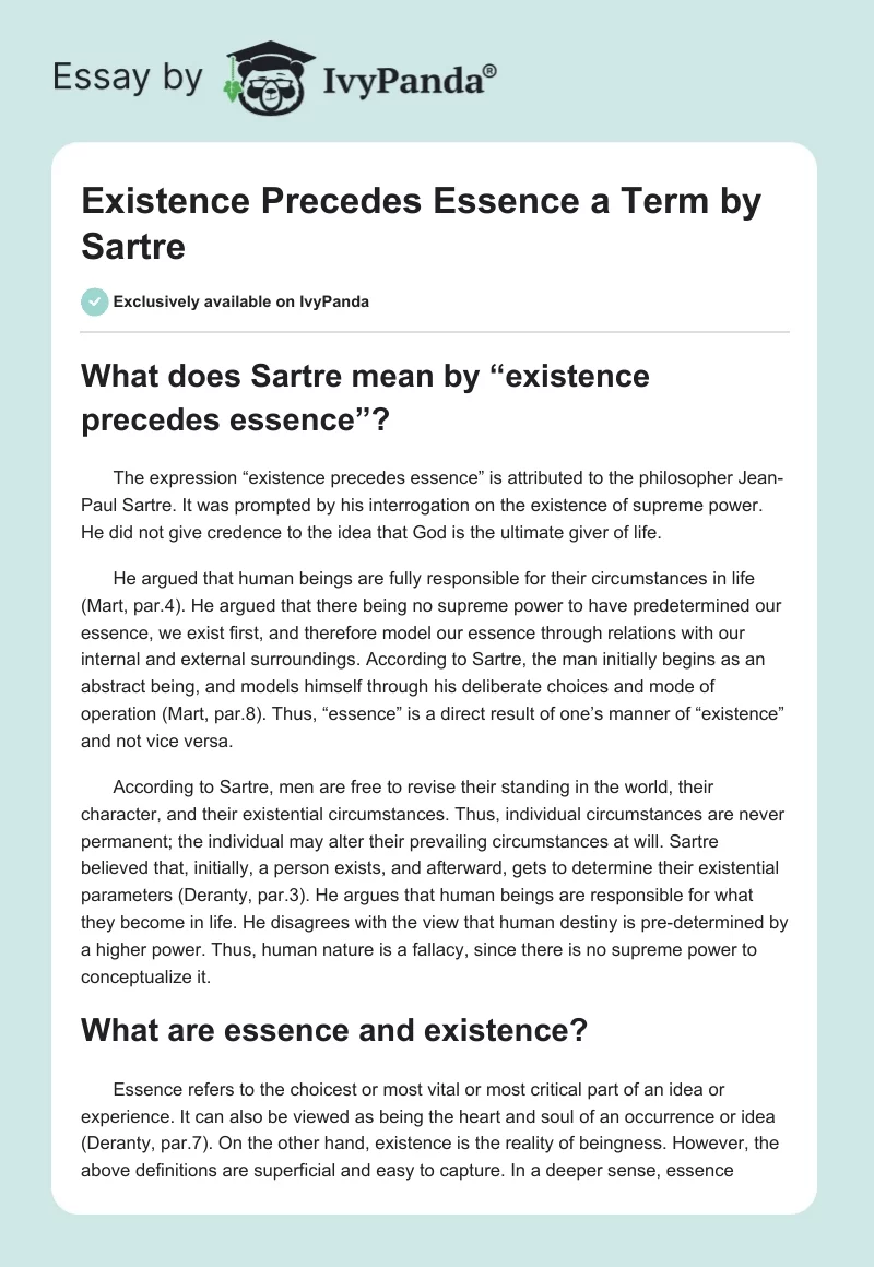 "Existence Precedes Essence" a Term by Sartre. Page 1