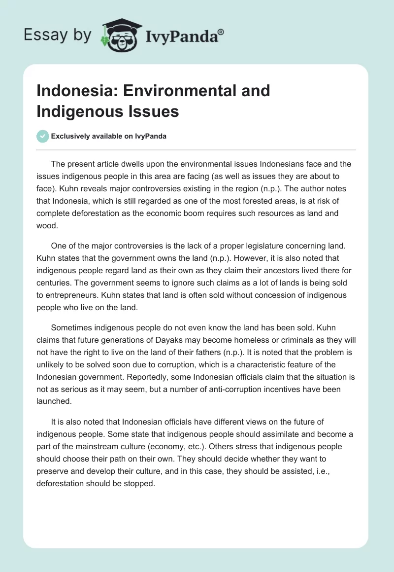 Indonesia: Environmental and Indigenous Issues. Page 1