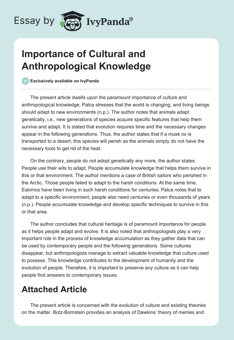 Importance of Cultural and Anthropological Knowledge. Page 1