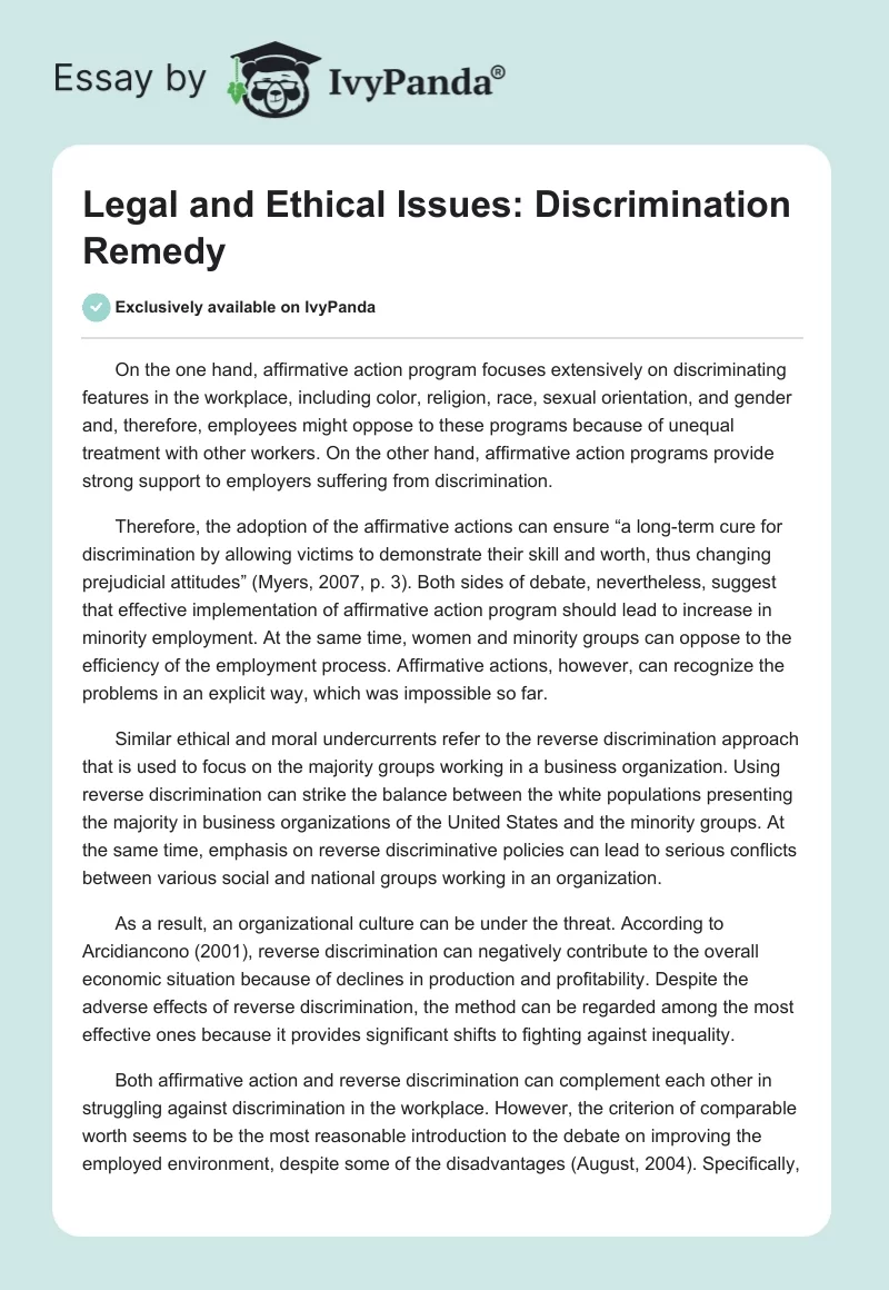 Legal and Ethical Issues: Discrimination Remedy. Page 1