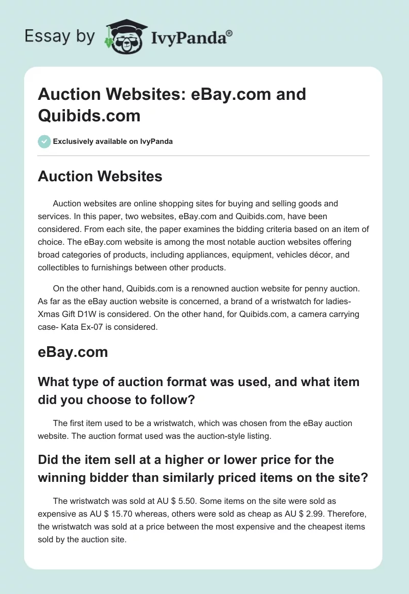 Auction Websites: eBay.com and Quibids.com. Page 1