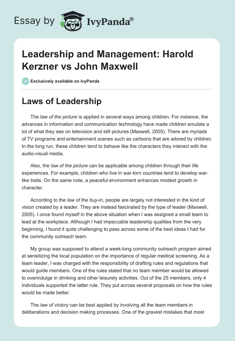 Leadership and Management: Harold Kerzner vs John Maxwell. Page 1