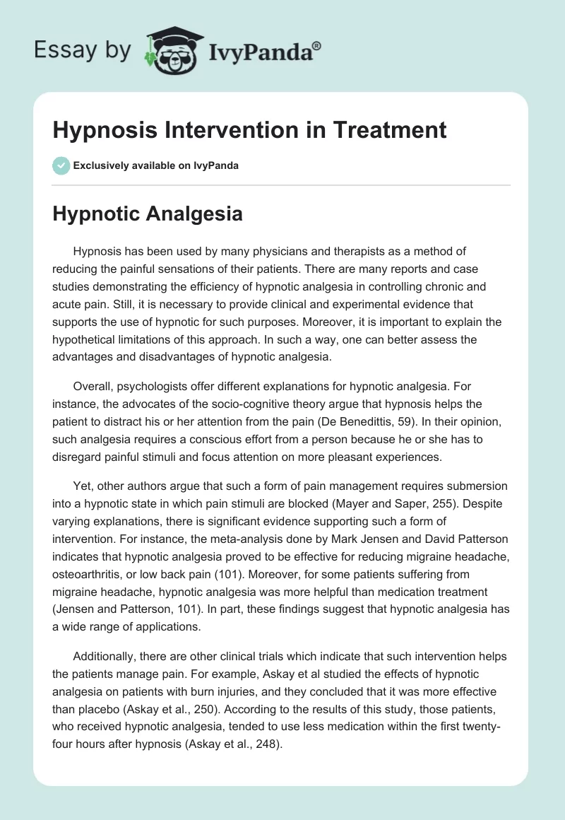 Hypnosis Intervention in Treatment. Page 1