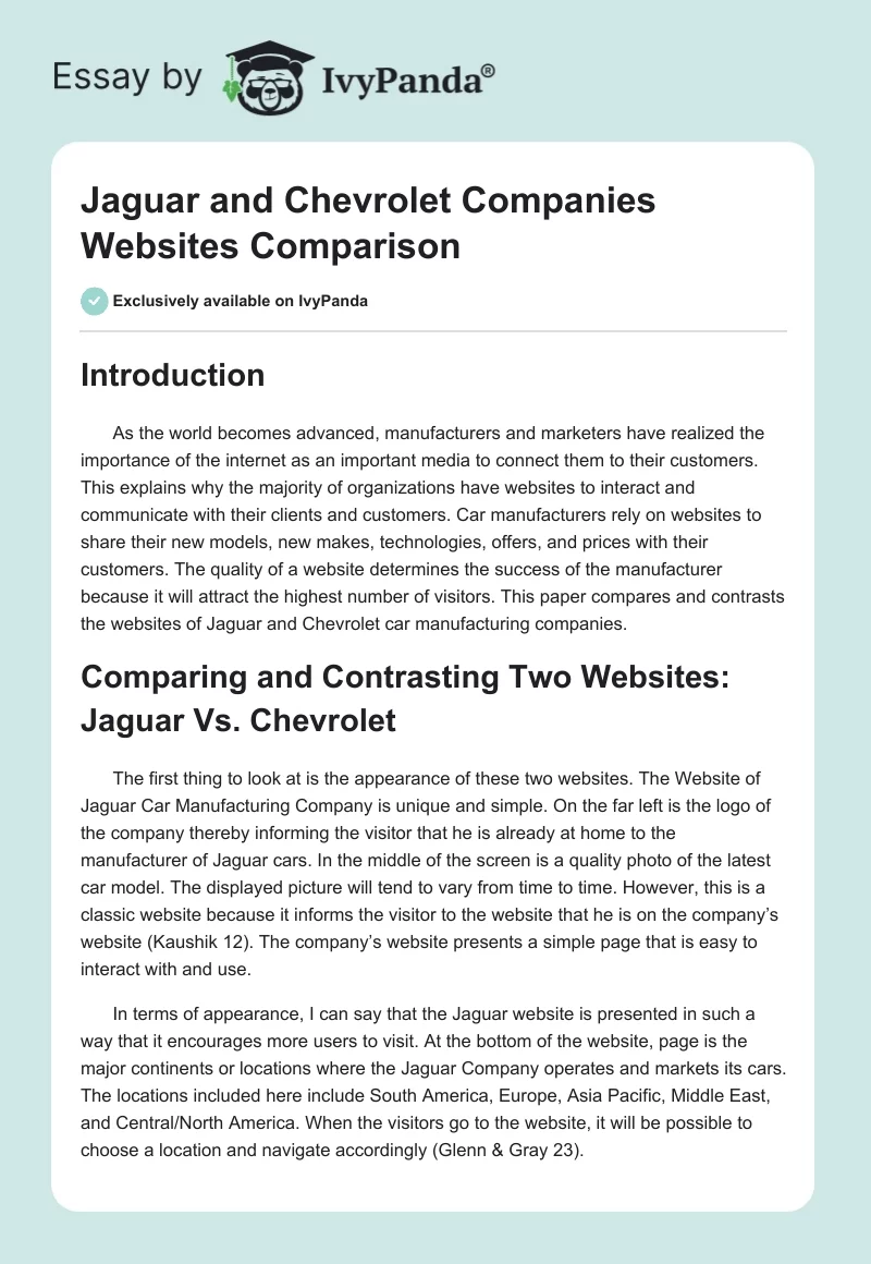 Jaguar and Chevrolet Companies Websites Comparison. Page 1