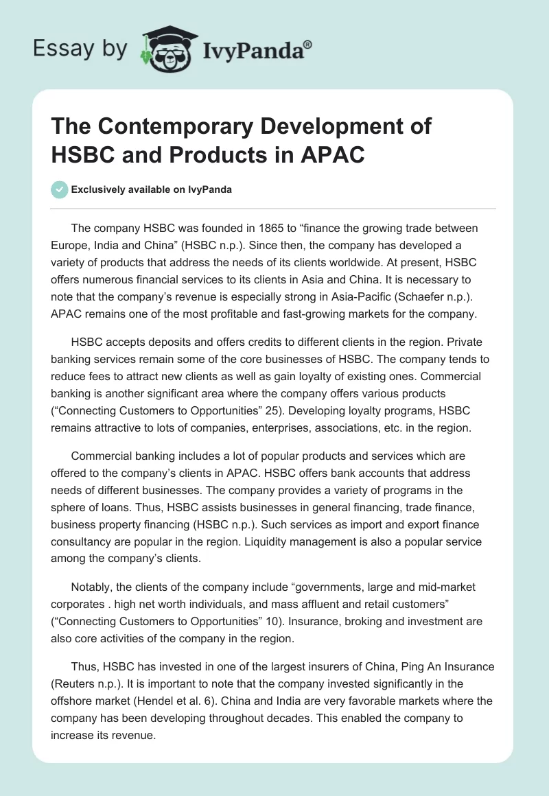 The Contemporary Development of HSBC and Products in APAC. Page 1