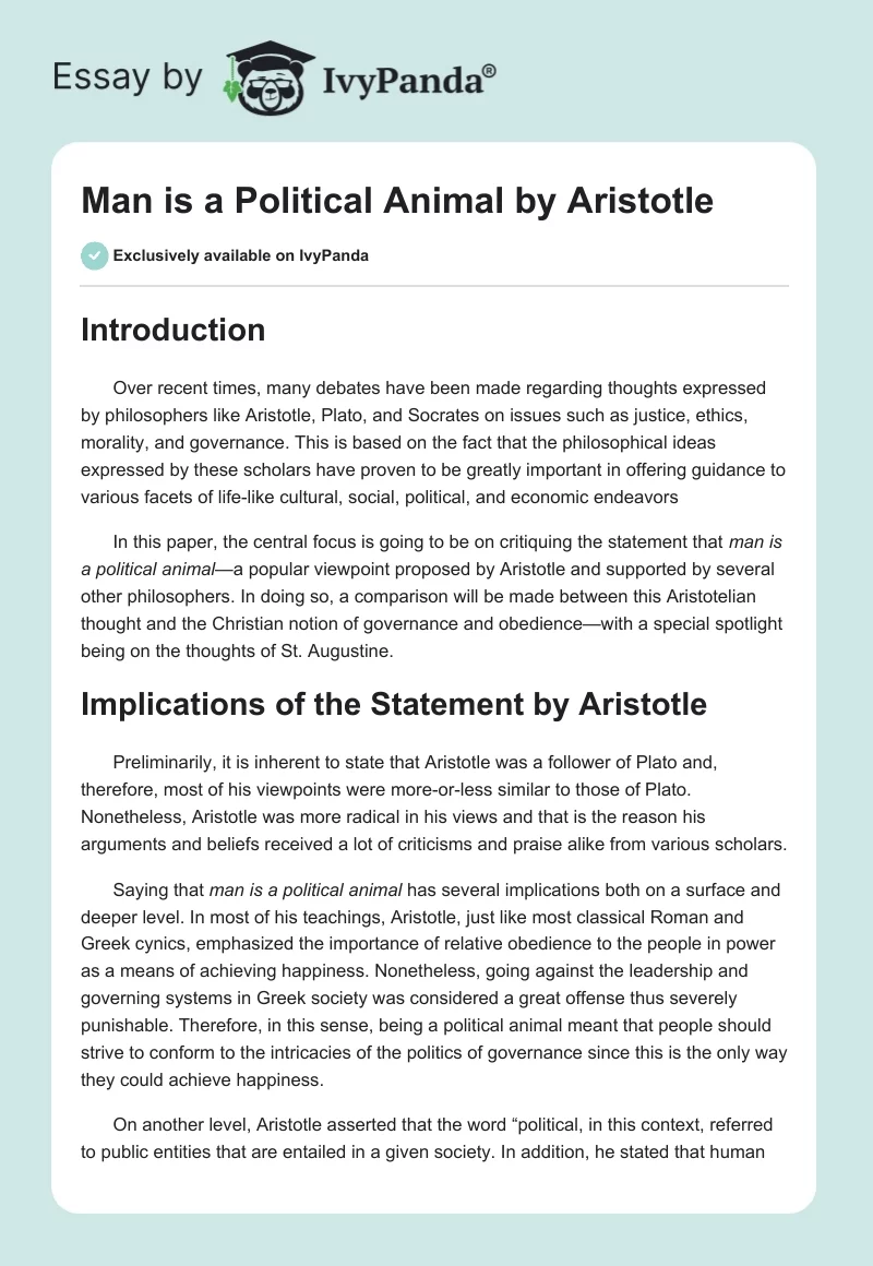 "Man is a Political Animal" by Aristotle. Page 1