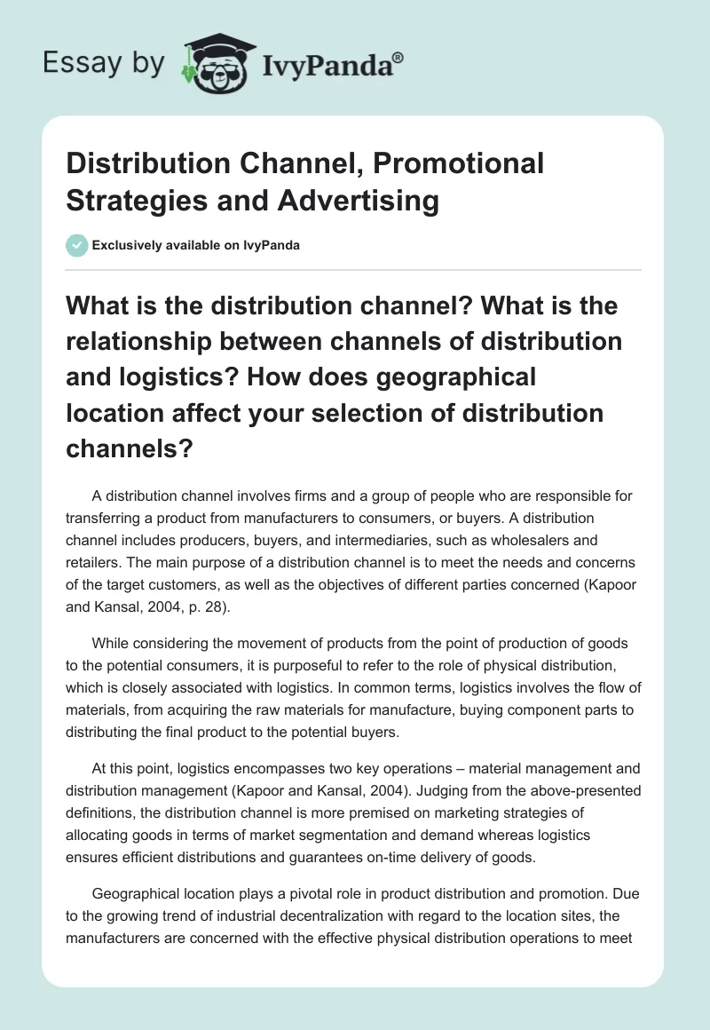 Distribution Channel, Promotional Strategies and Advertising. Page 1