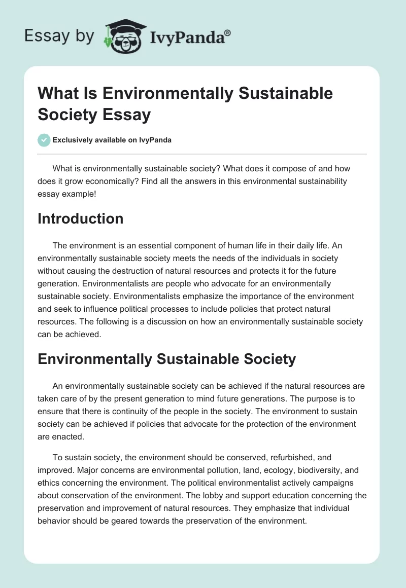 What Is Environmentally Sustainable Society Essay. Page 1