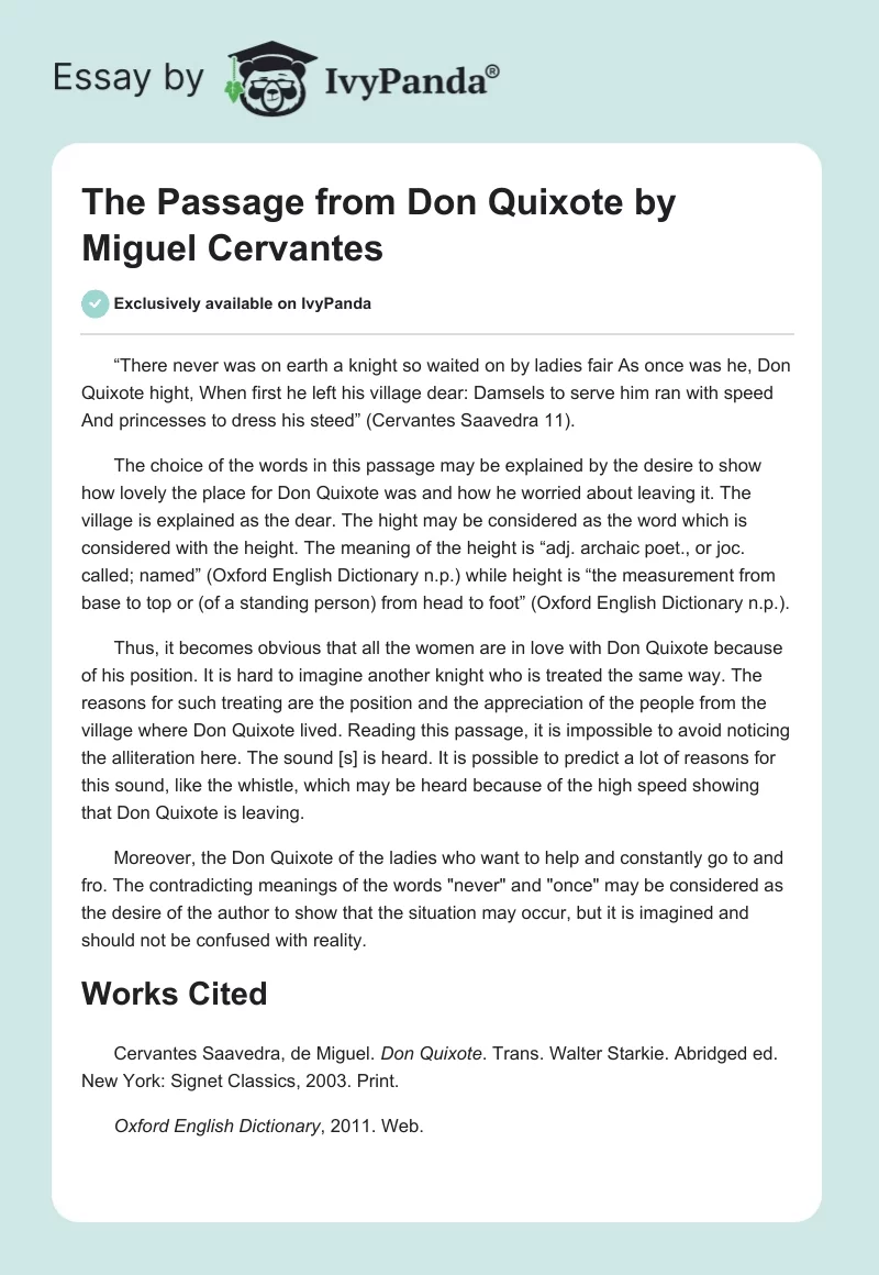 The Passage from "Don Quixote" by Miguel Cervantes. Page 1