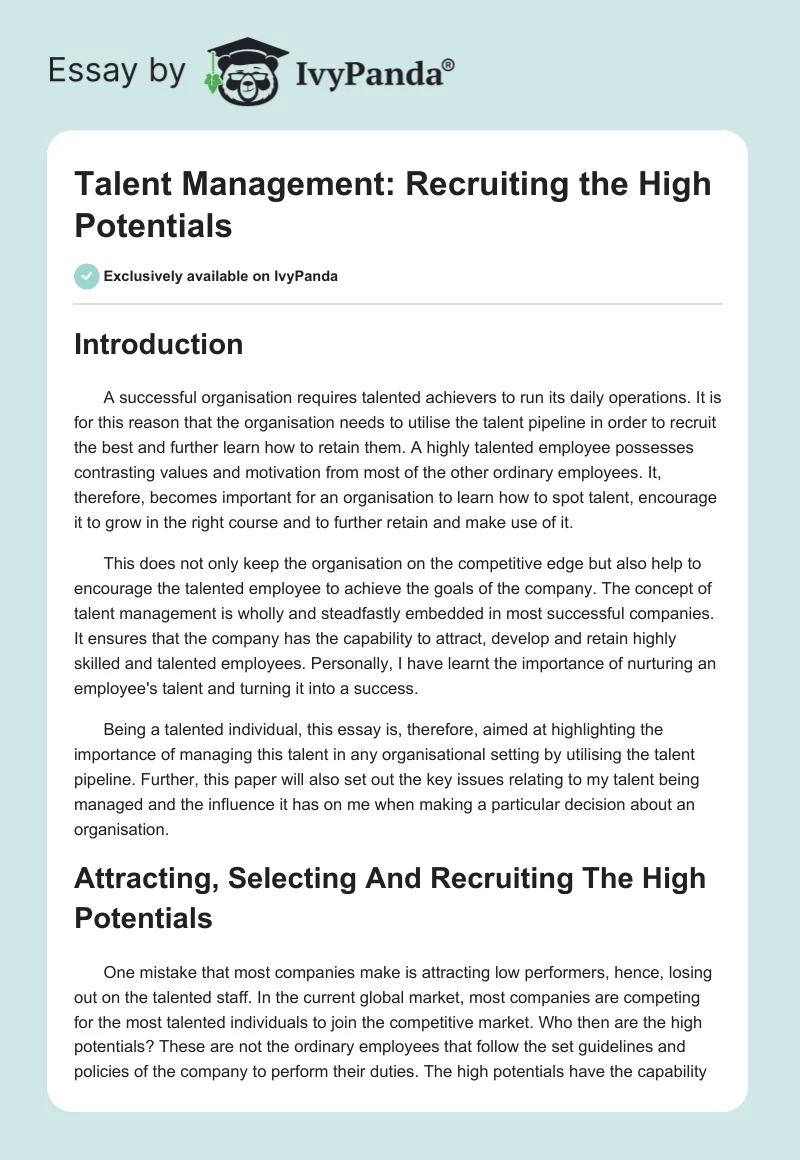 Talent Management: Recruiting the High Potentials. Page 1