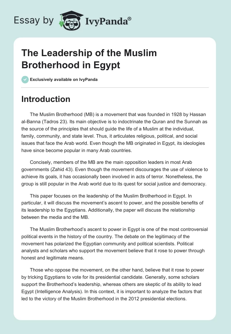 The Leadership of the Muslim Brotherhood in Egypt. Page 1
