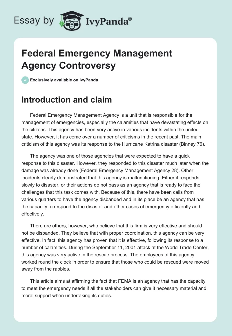Federal Emergency Management Agency Controversy. Page 1